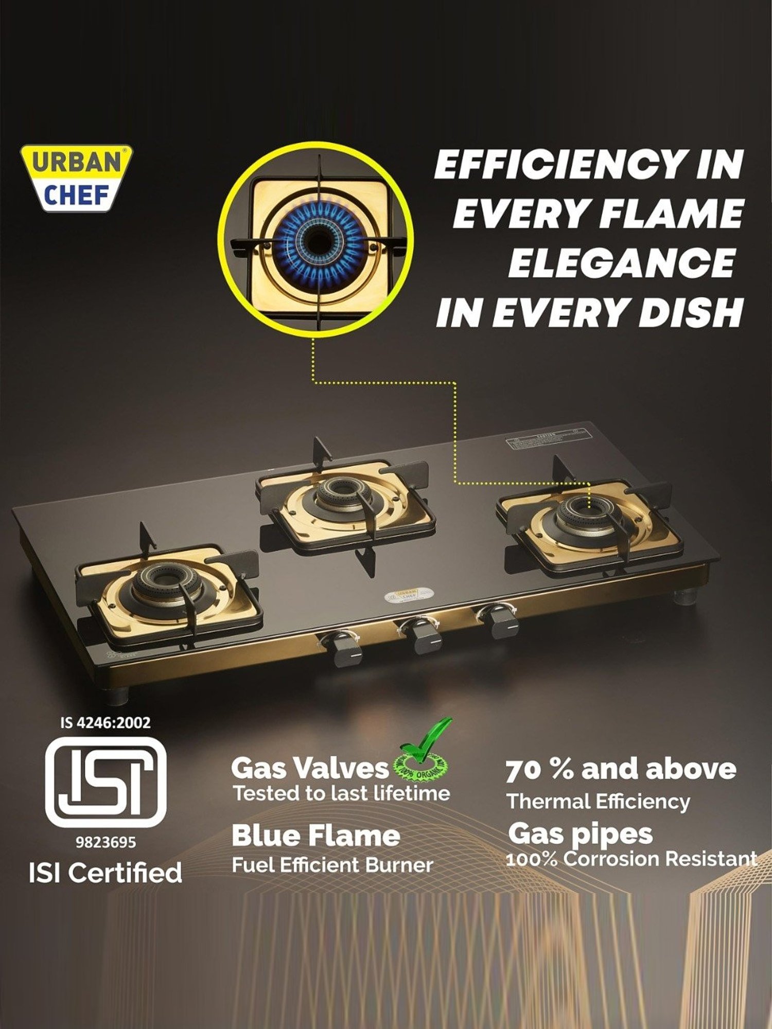 Urban Chef Gas Stove with 3 Burners ( Gold )
