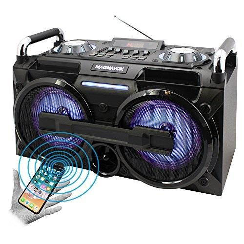 magnavox mm438 portable micro music system with color changing lights fm radio and bluetooth wireless technology, usb, aux, micro sd card slot, 2 microphone inputs and echo controls, bass control