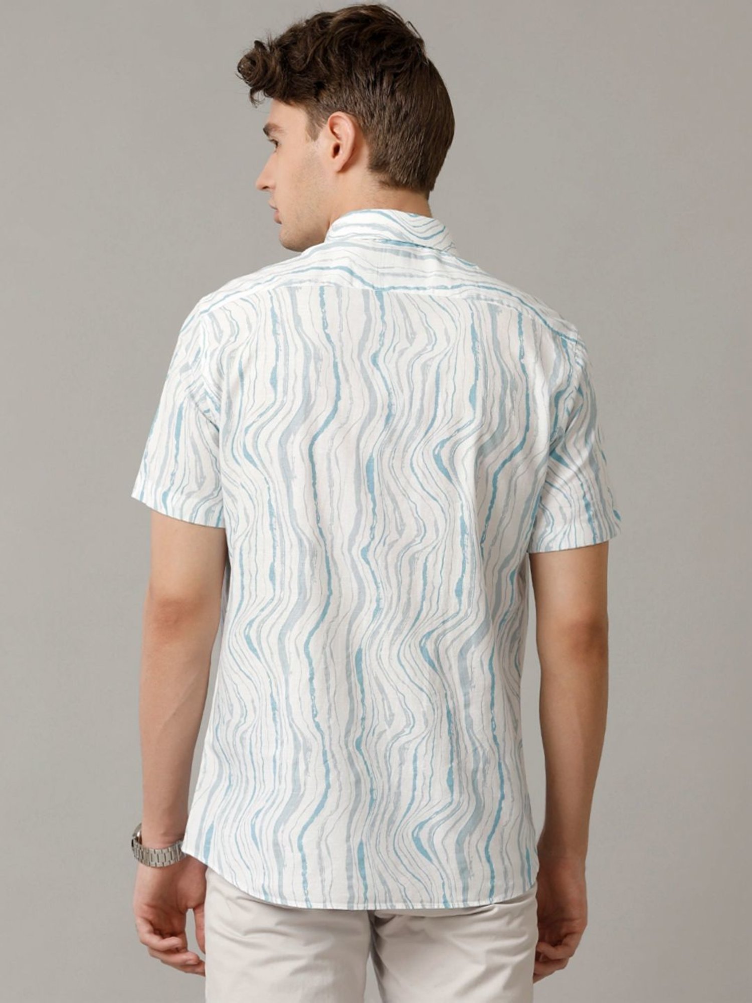 Cavallo By Linen Club Blue Linen Contemporary Fit Printed Shirt