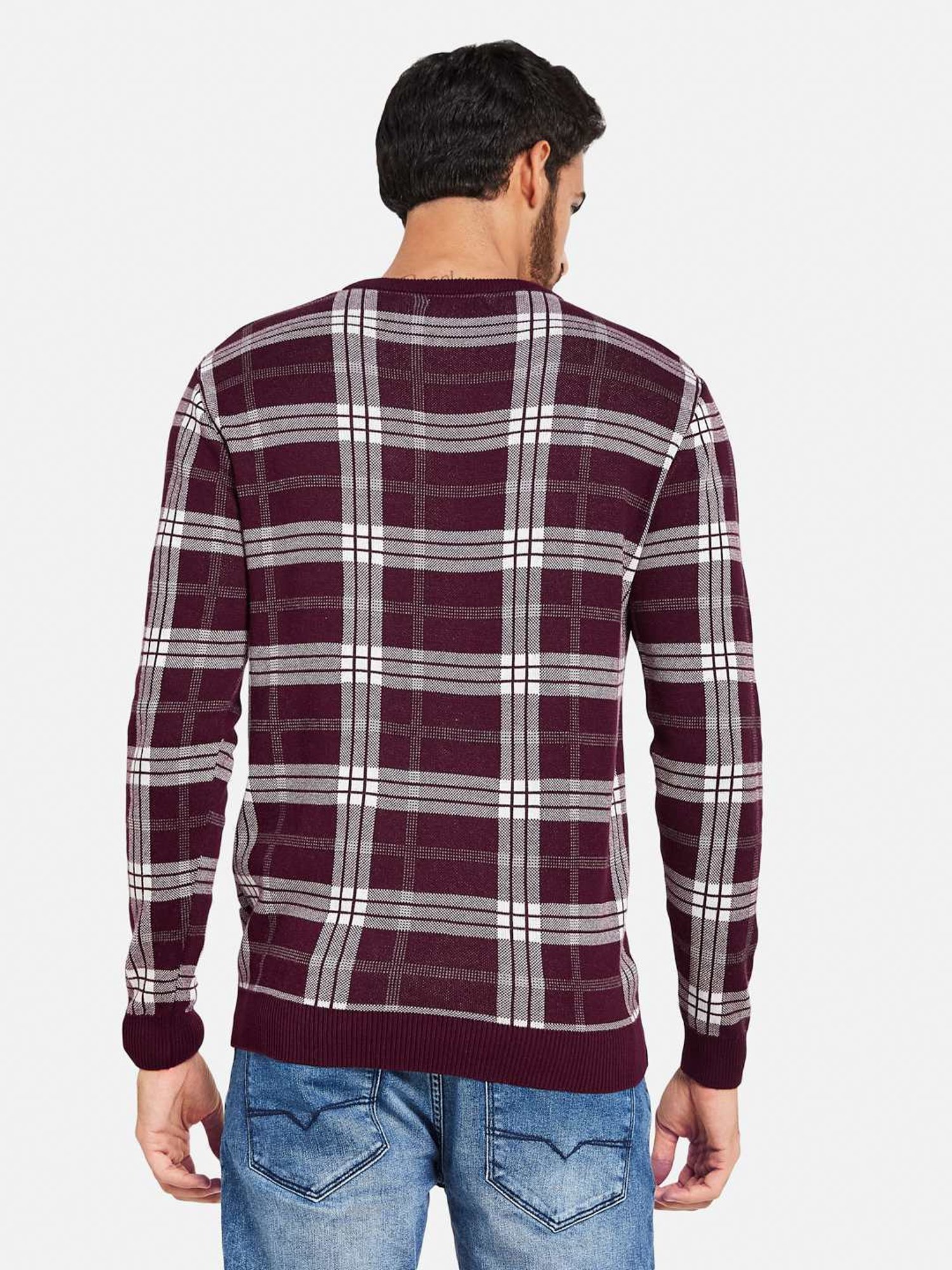 METTLE Maroon Cotton Regular Fit Checks Sweater