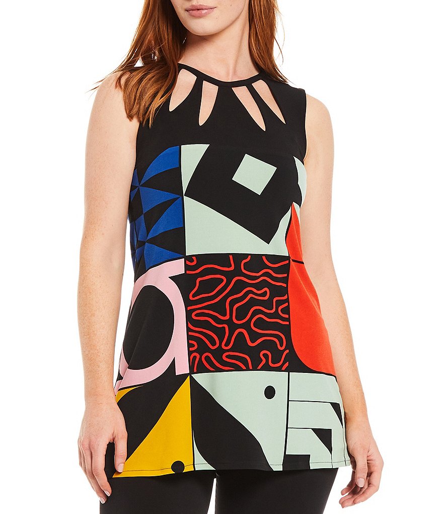 Eva Varro Abstract Geometric Patchwork Print Keyhole Neck Sleeveless Tunic