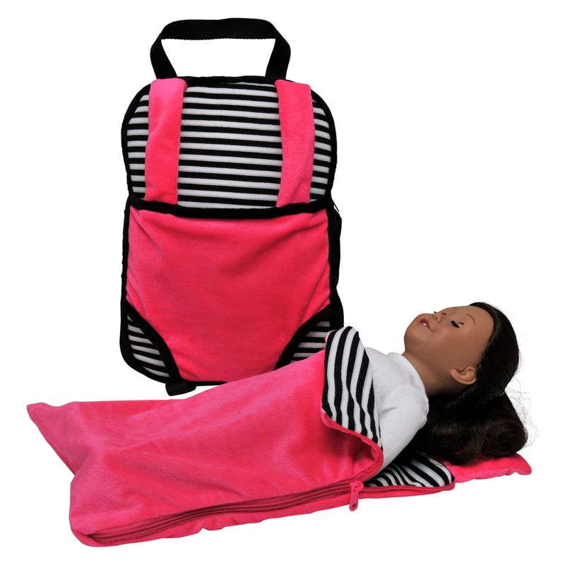 The Queen's Treasures Child Size Pink & Black Backpack with 18" Doll Carrier & Doll Sleeping Bag