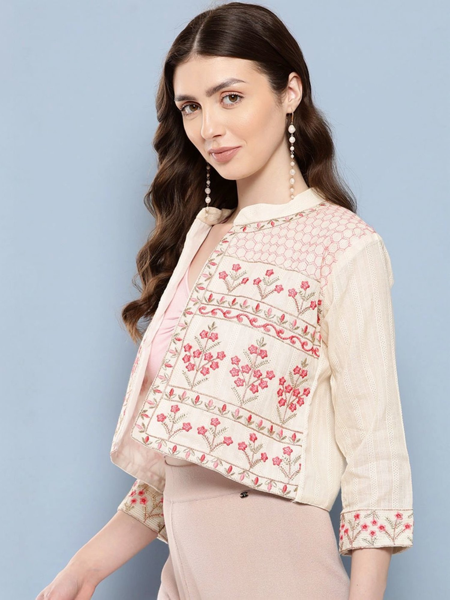 Aarika Beige Cotton Embroidered Shrug
