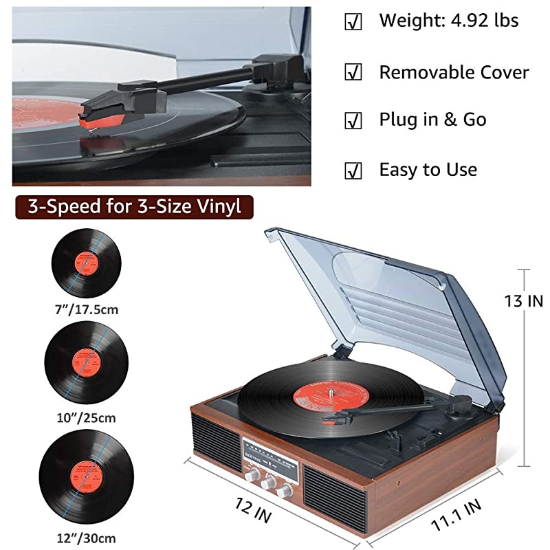 Player Bluetooth Turntable with Stereo Speakers Portable BeltDriven Nostalgic LP Vinyl Player with FM Stereo Radio Line Output