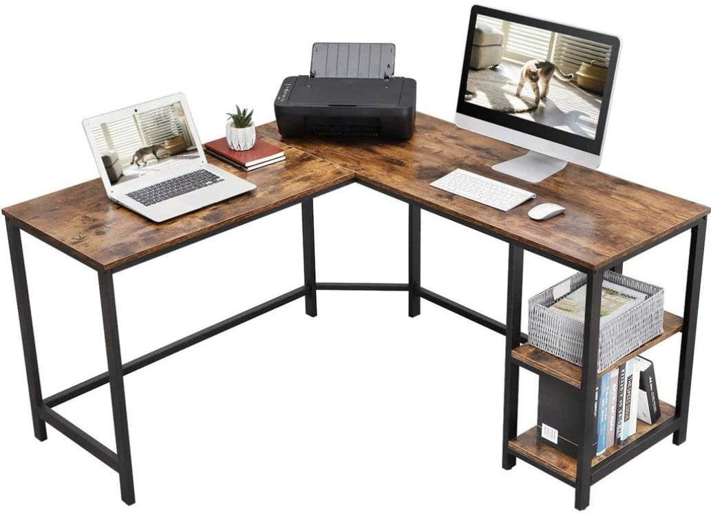 54.3 inch L-Shaped Computer Desk Corner Desk, Office Study Workstation with Shelves, Space-Saving, Easy to Assemble, Rustic Brown