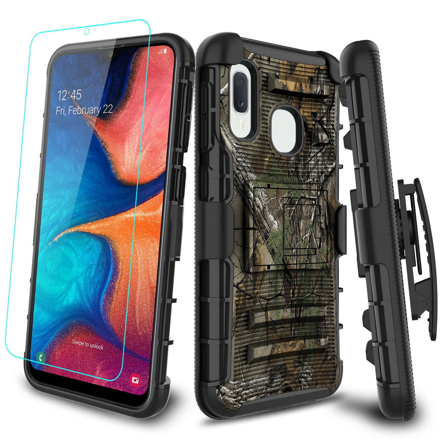 For  Galaxy A10e A20 Case Kickstand Belt Clip ,Tempered Screen Protector