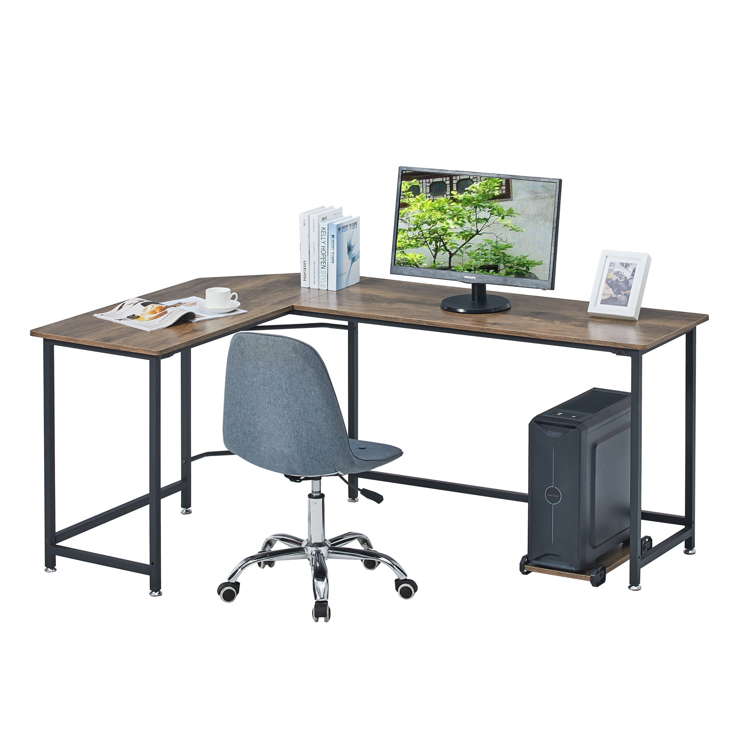 66'' L-shaped Desk Home Office Desk Computer Desk Gaming Desk Large Workstation with CPU Stand and Steel Structure