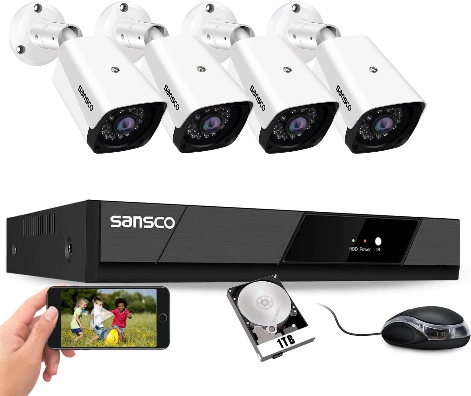 SANSCO 8CH 1080P Security Camera System with 1TB HDD for 24/7 Recording, 4pcs Wired Waterproof 2MP HD Outdoor Cameras, 8 Channel CCTV DVR, Night Vision, Motion and APP Push Alert, Easy Remote Access
