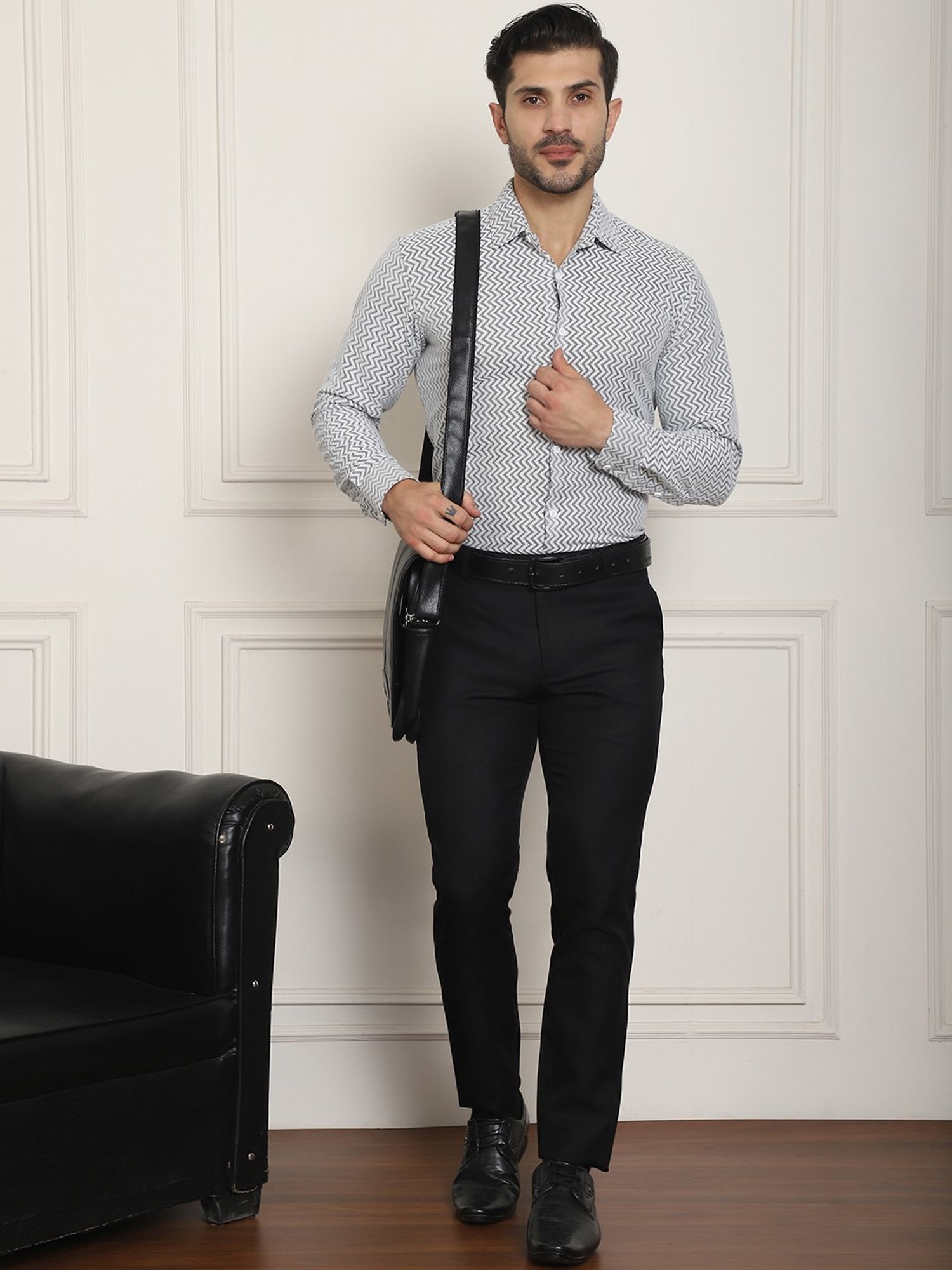 Indian Needle Mid White Regular Fit Self Pattern Shirt