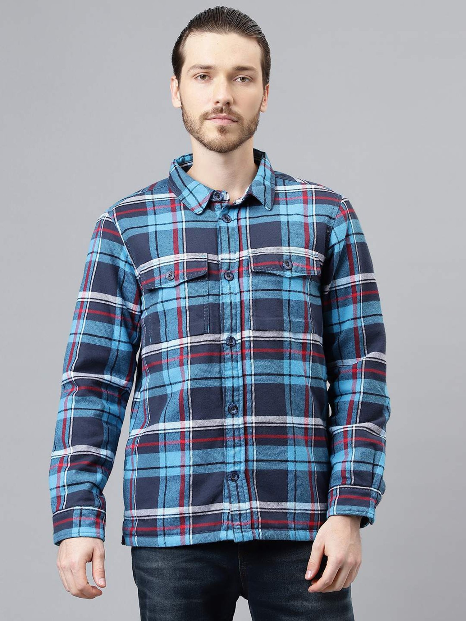 Woodland Navy Cotton Regular Fit Checks Shirt