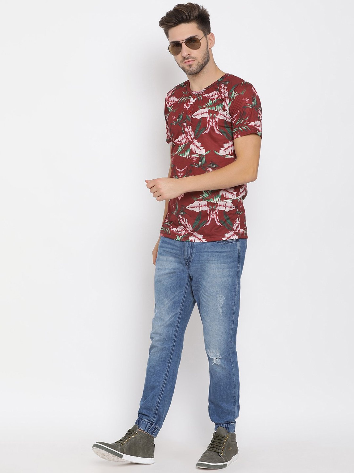 Hangup Plus Maroon Regular Fit Printed Henley T-Shirt