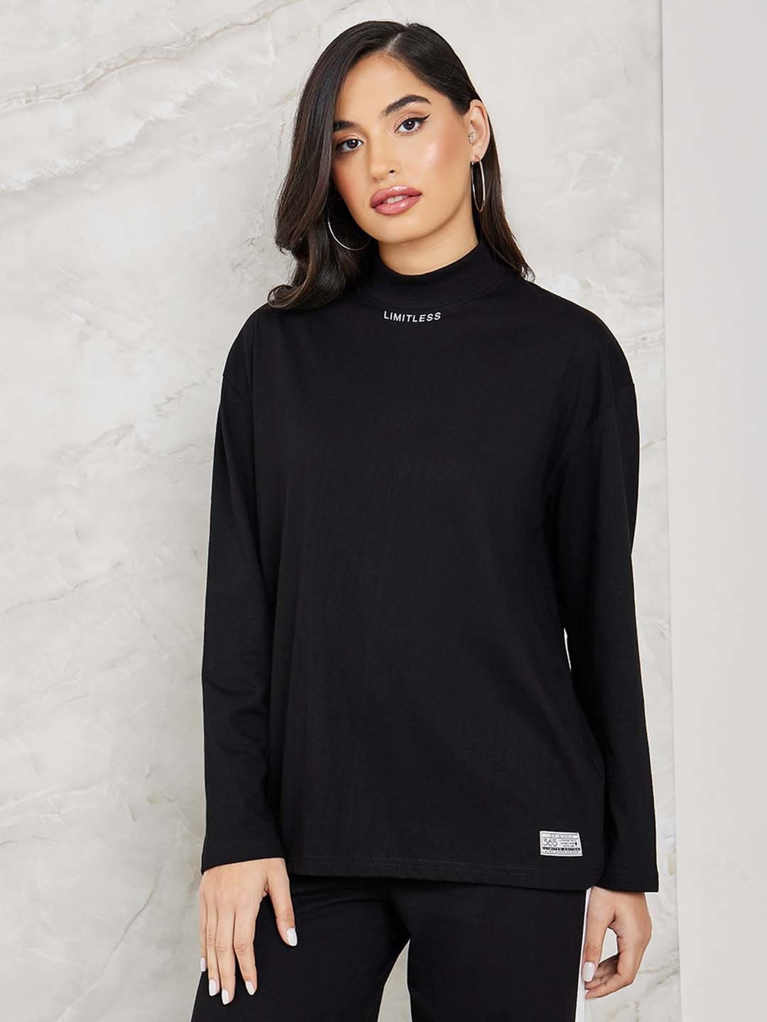 Styli Black Cotton Printed T-Shirt Pant Set