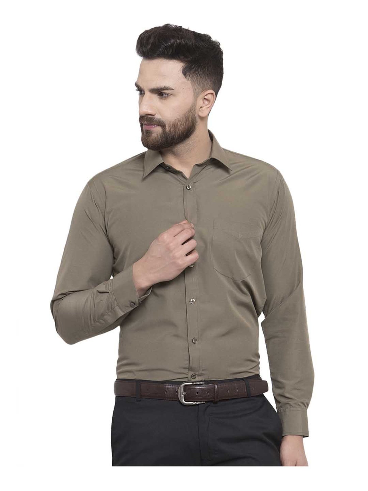English Navy Olive Slim Fit Solid Shirt
