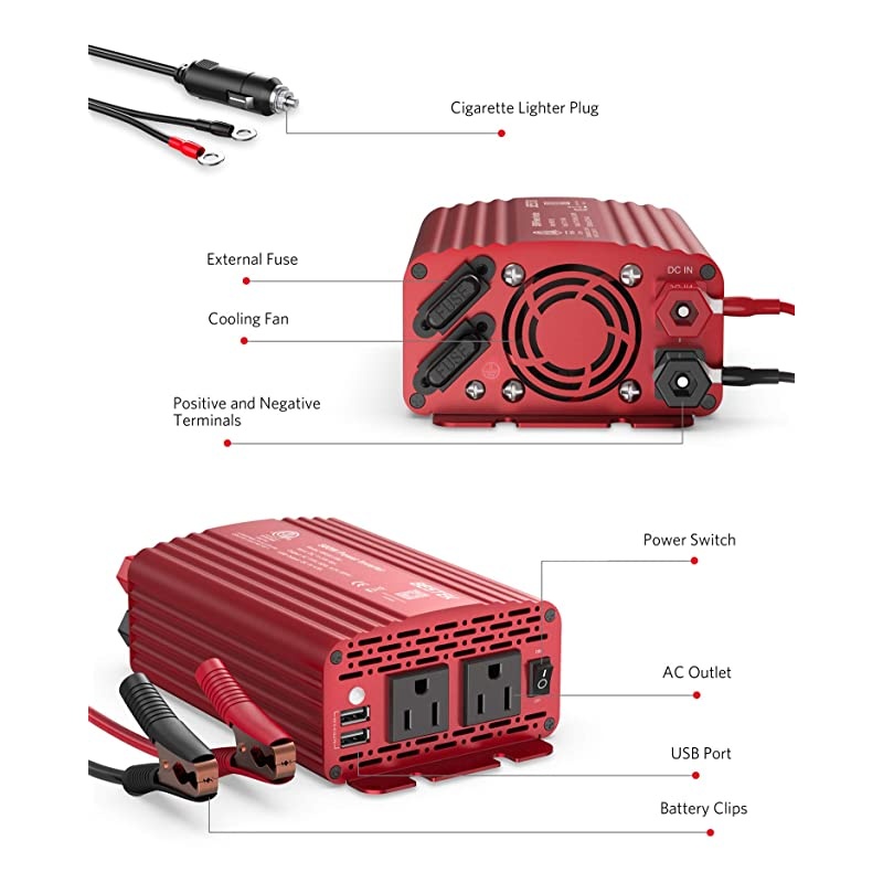 500W Power Inverter DC 12V to 110V AC Converter with Alligator Battery Clamp 48A Dual USB Car Charger ETL Listed