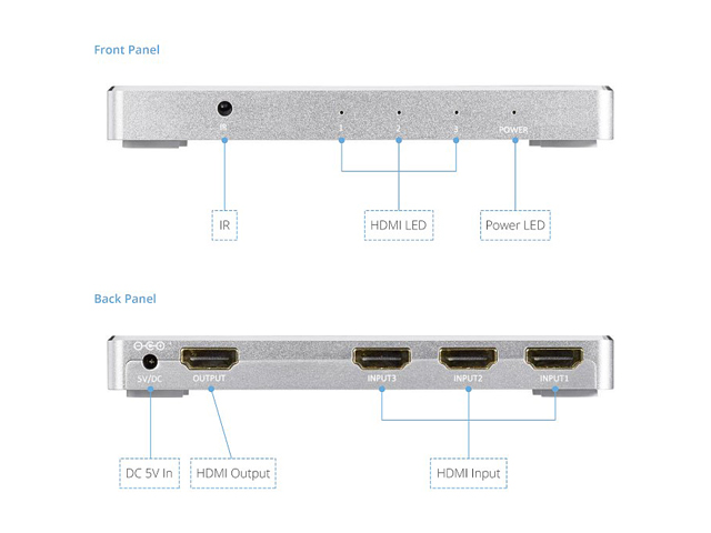 XtremPro 64301KA 3x1 HDMI Aluminum 4K2K 3D /60Hz 3 In 1 Out Switch w/IR Wireless Remote control, AC Power Adapter 100 ~ 240V, Supports HDCP, LPCM, DTS, 3D All Format - Silver