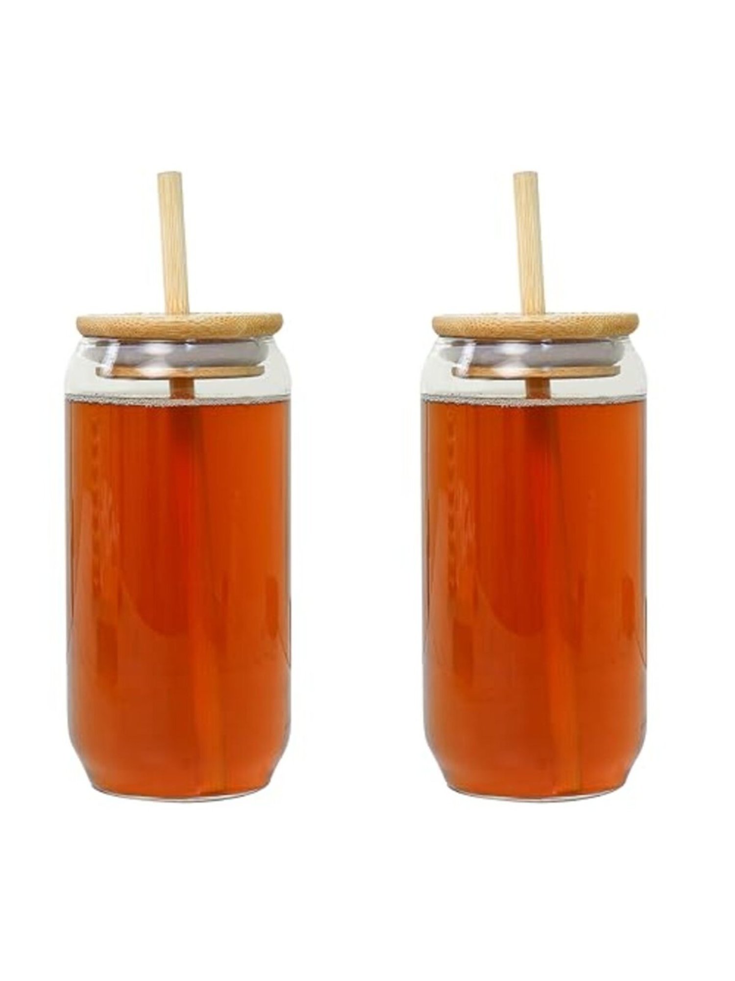 Femora Solid Transparent Glass Coffee Mug with Wooden Lid and Wooden Straw (500ml) - Set of 2