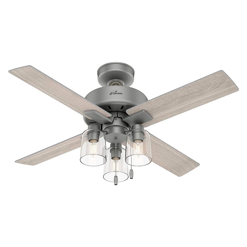 Hunter Fan Company Pelston 44 Inch Indoor Home Small Room 3 Speed Ceiling Fan w/ LED Light, 5 Light Gray Oak Blades, & Pull Chain, Silver
