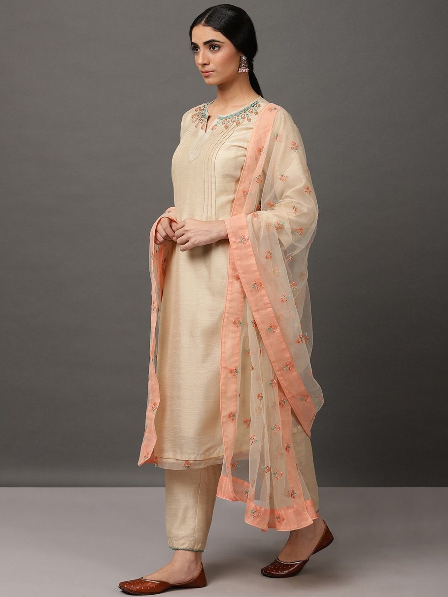 Nuhh Ecru Chanderi Kurta Set with Dupatta