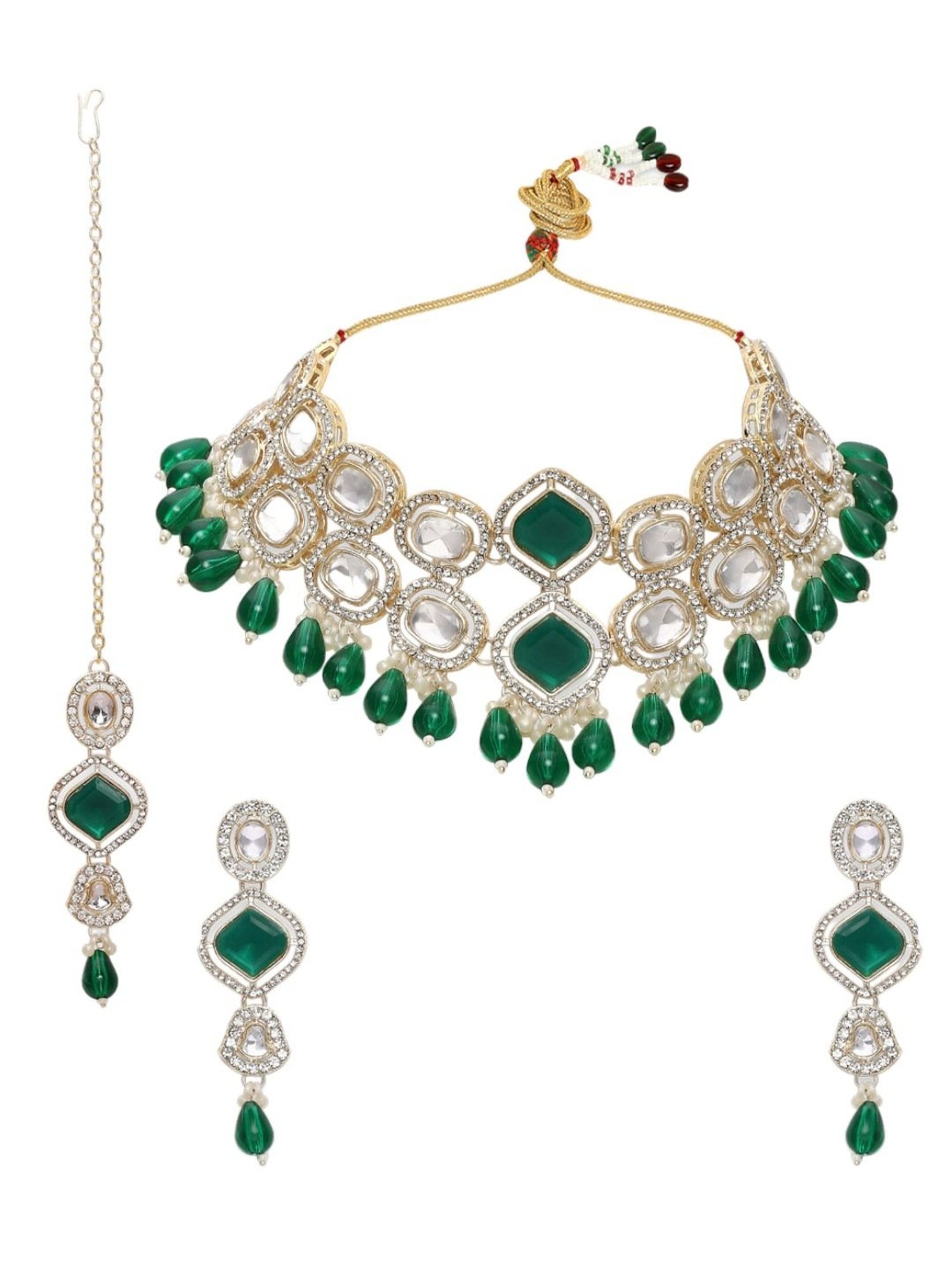 OOMPH Green Kundan Ethnic Choker &  Bracelet Set