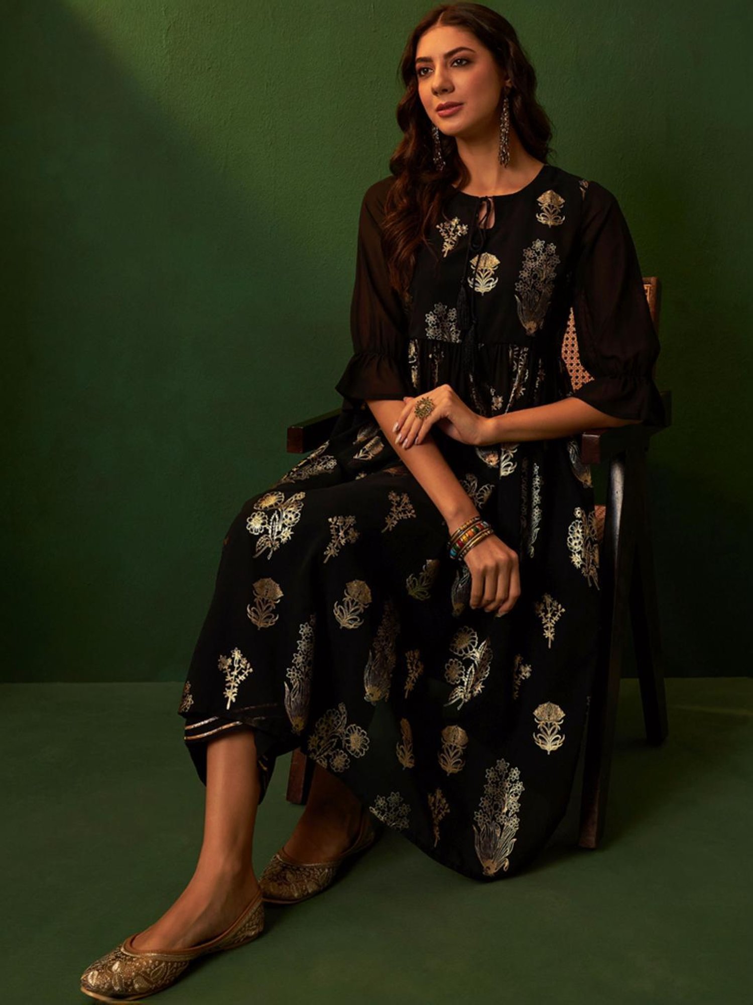 Ziyaa Black Printed Kurta Palazzo Set