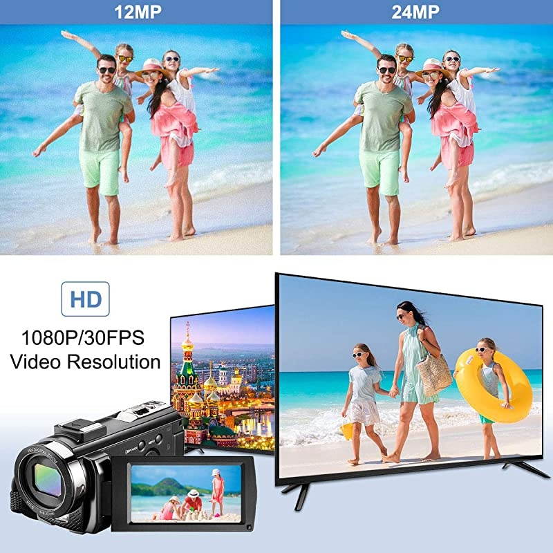 Video Camera Camcorder with Microphone,  FHD 1080P 30FPS 24MP Vlogging Camera Recorder 3.0 Inch 270&deg; Rotation Screen 16X Zoom Camcorder Webcam Recorder with Remote Control and 2 Batteries