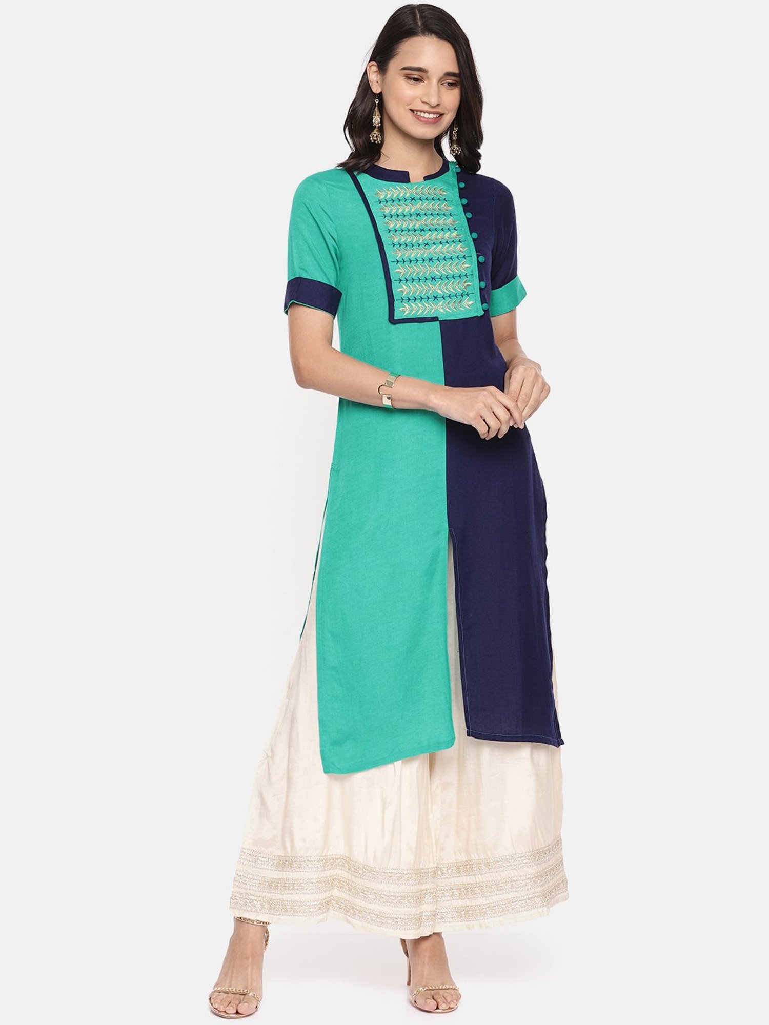 Alena Green & Navy Embroidered Straight Kurta