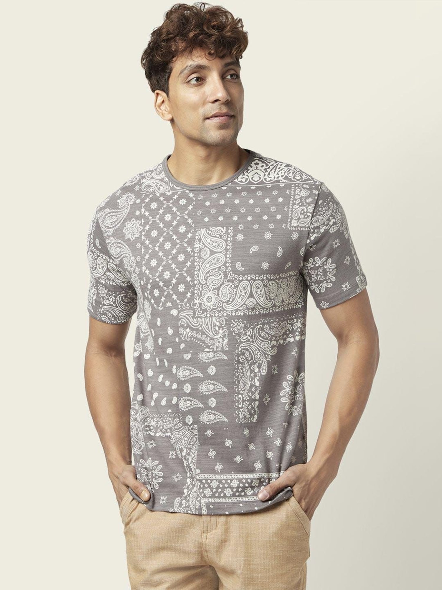 7 Alt by Pantaloons Medium Grey Cotton Relaxed Fit Printed T-Shirt