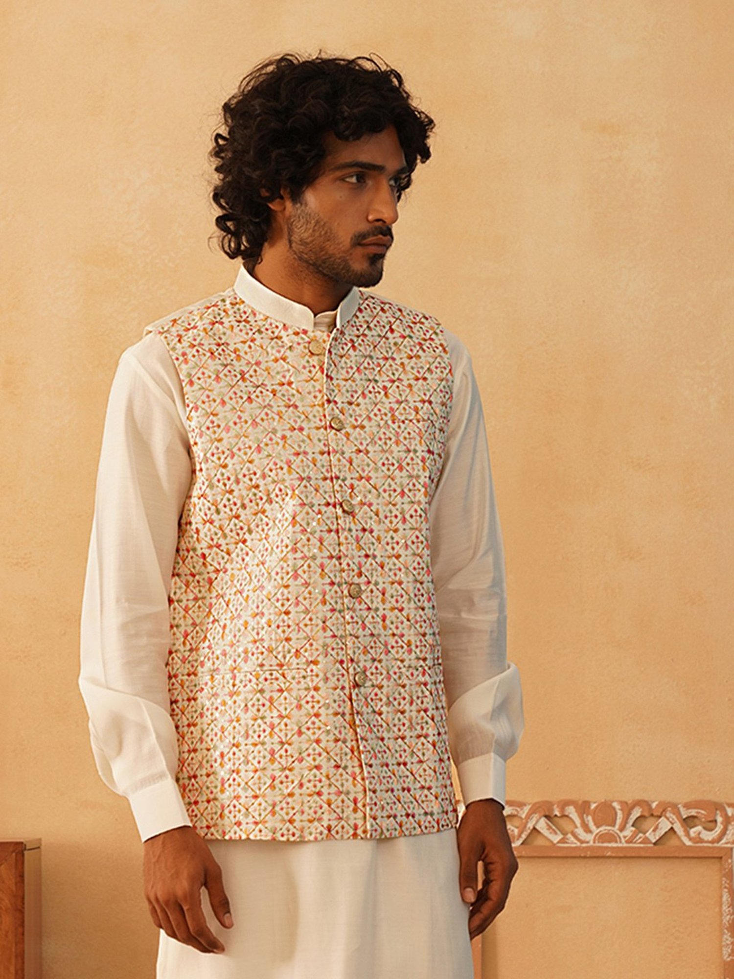 Jompers Multi Silk Blend Regular fit Embroidery Nehru Jackets