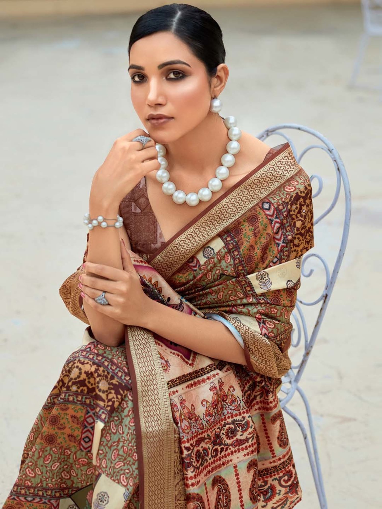 Saree Mall Beige Silk Printed Saree With Unstitched Blouse