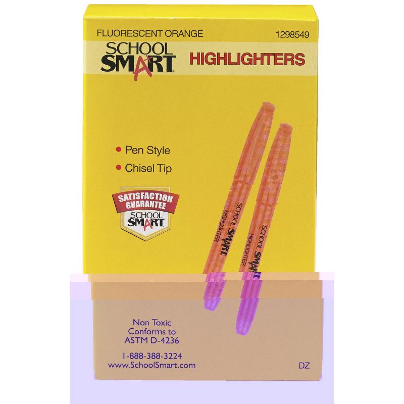 School Smart Non-Toxic Pen Style Highlighter, Chisel Tip, Orange, pk of 12