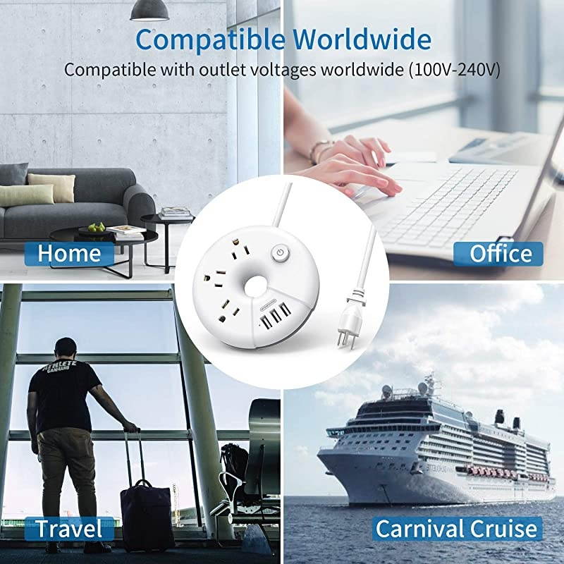 Travel Power Strip  3 Outlets 3 USB Portable Desktop Charging Station Short Extension Cord 15 inch for Office Home Hotels Cruise Ship Nightstand White