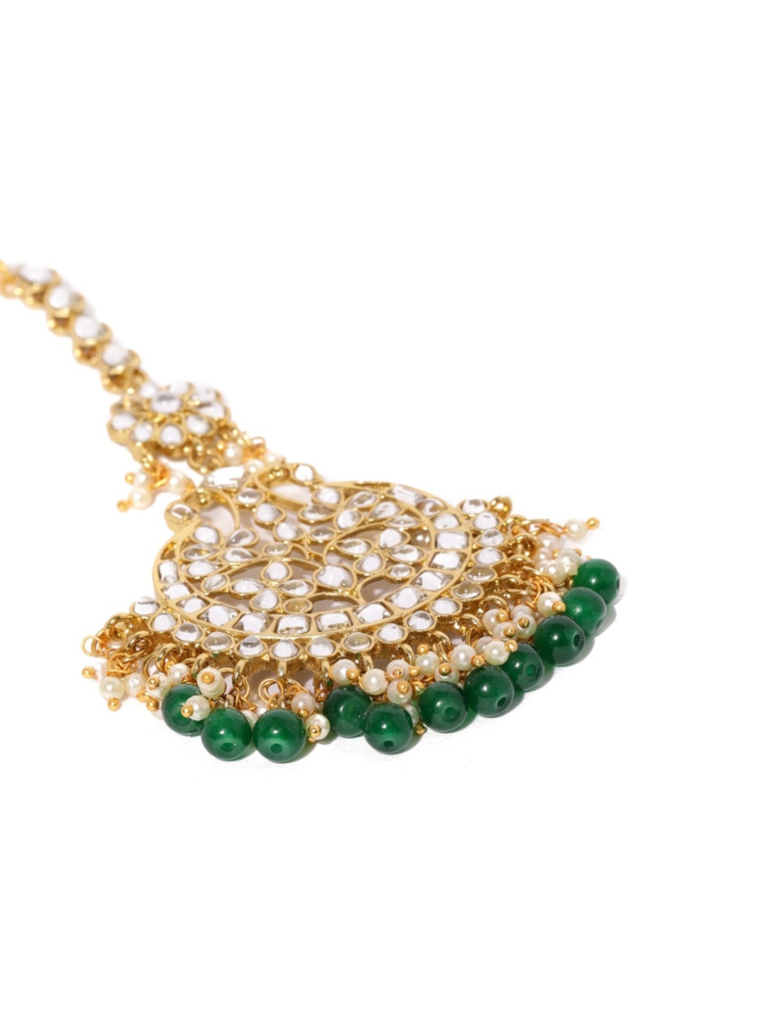 Zaveri Pearls Green & Clear Alloy Earring & Maang Tikka Set