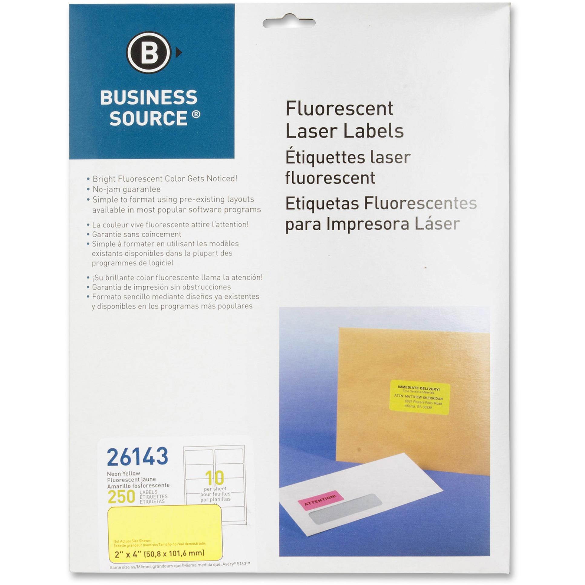 Business Source Laser Labels Fluorescent 2"x4" 250/PK Neon Yellow 26143