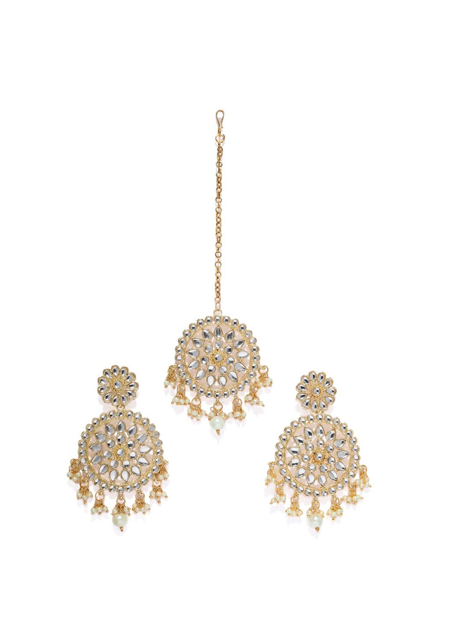 Zaveri Pearls Gold Tone Traditional Kundan & Pearls Earring & Maangtikka Set