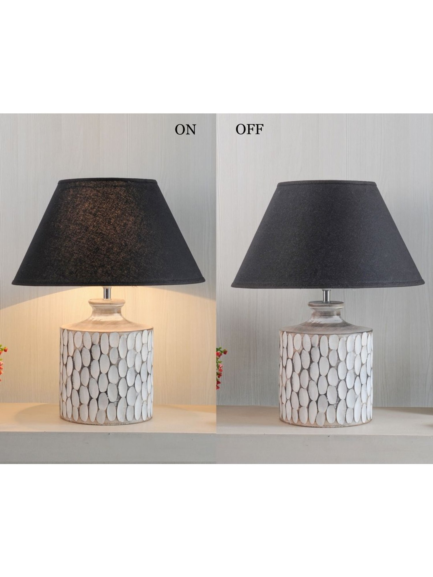 Kapoor Lamp Shades Distress White & Black Wood Garlen Carved Cotton Shade Table Lamp
