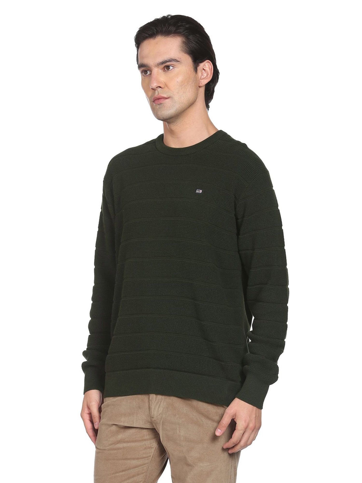 Arrow Sport Olive Cotton Regular Fit Striped Sweater
