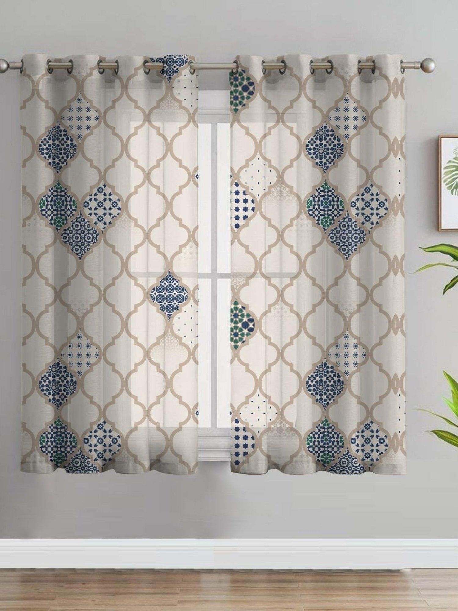 SPACES DRAPE STORY Elegent Digital Print Beige & Blue Polyester 5 ft Window Curtains - Set of 2