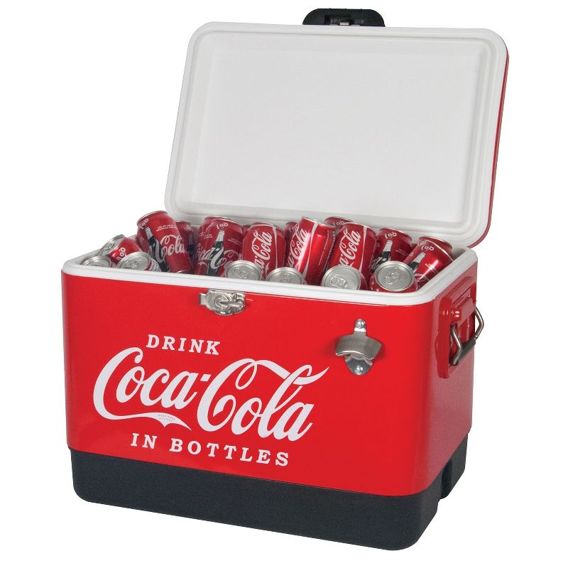 Koolatron Large 54 Quart 85 Can Capacity Portable Retro Coca-Cola Ice Chest Stainless Steel Hard Cooler with Built In Bottle Opener, Red