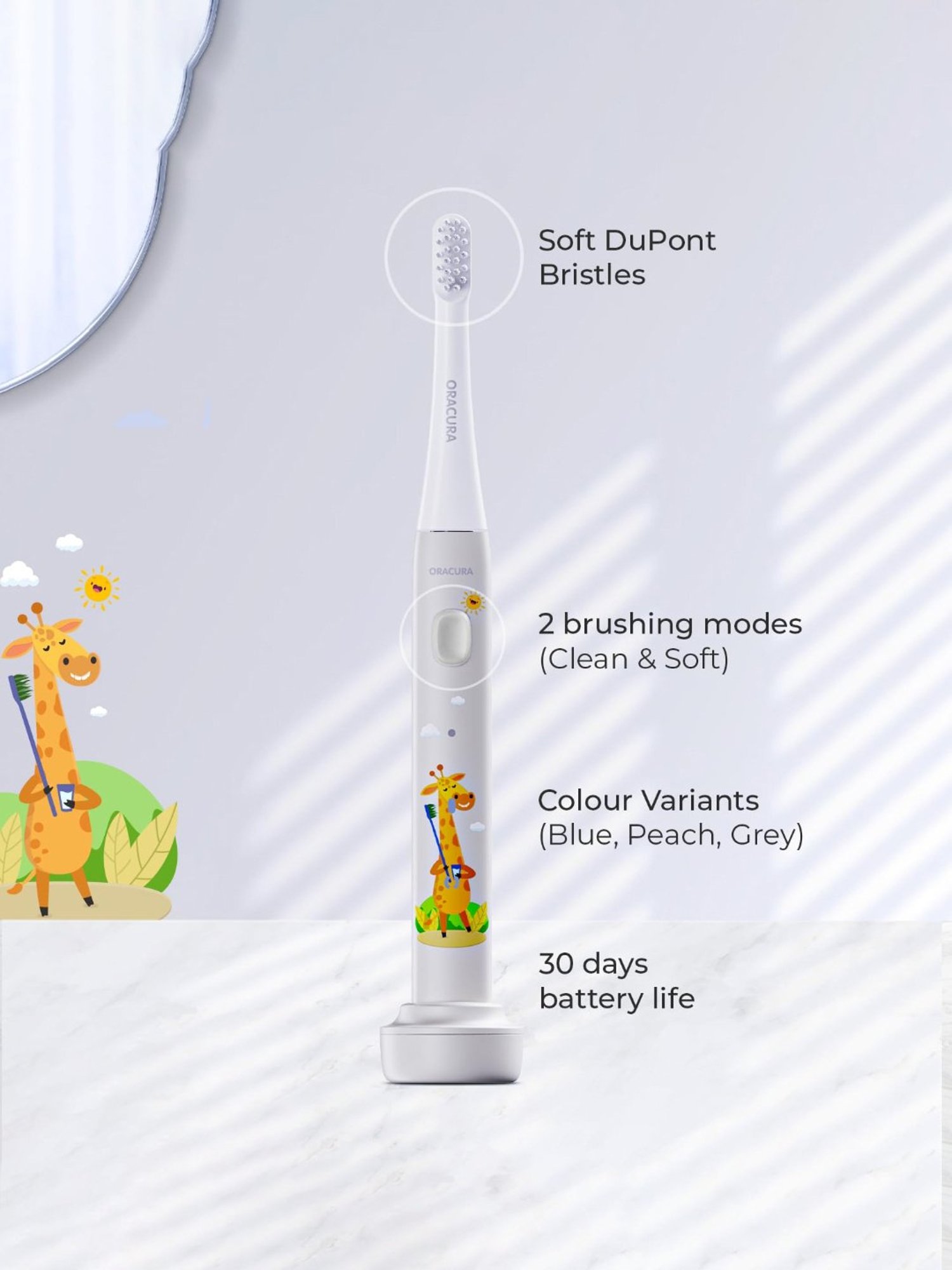 Oracura KSB200 Sonic Kids Rechargeable Electric Toothbrush (Grey)