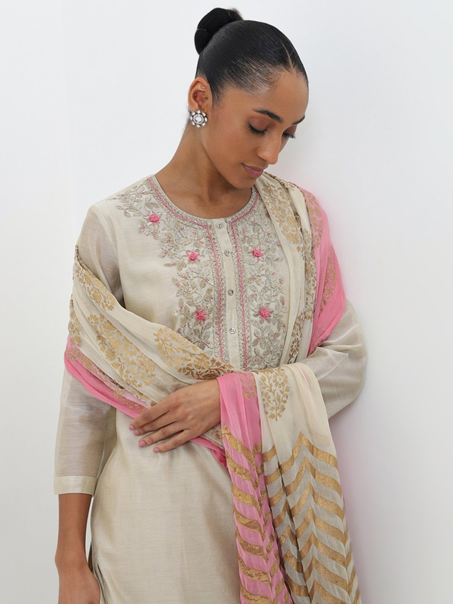 Vark by Westside Beige Embroidered Kurta, Palazzos and Dupatta Set