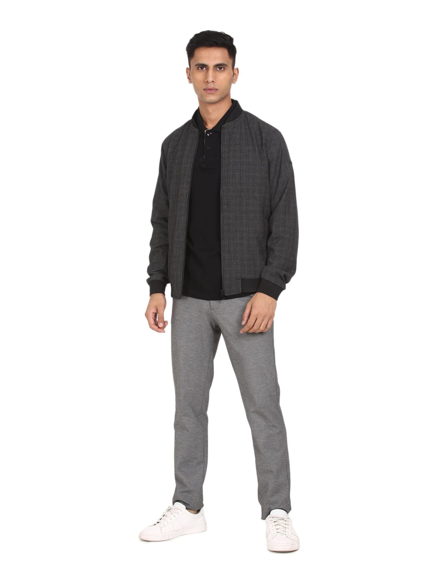 Men Grey Stand Collar Check Jacket