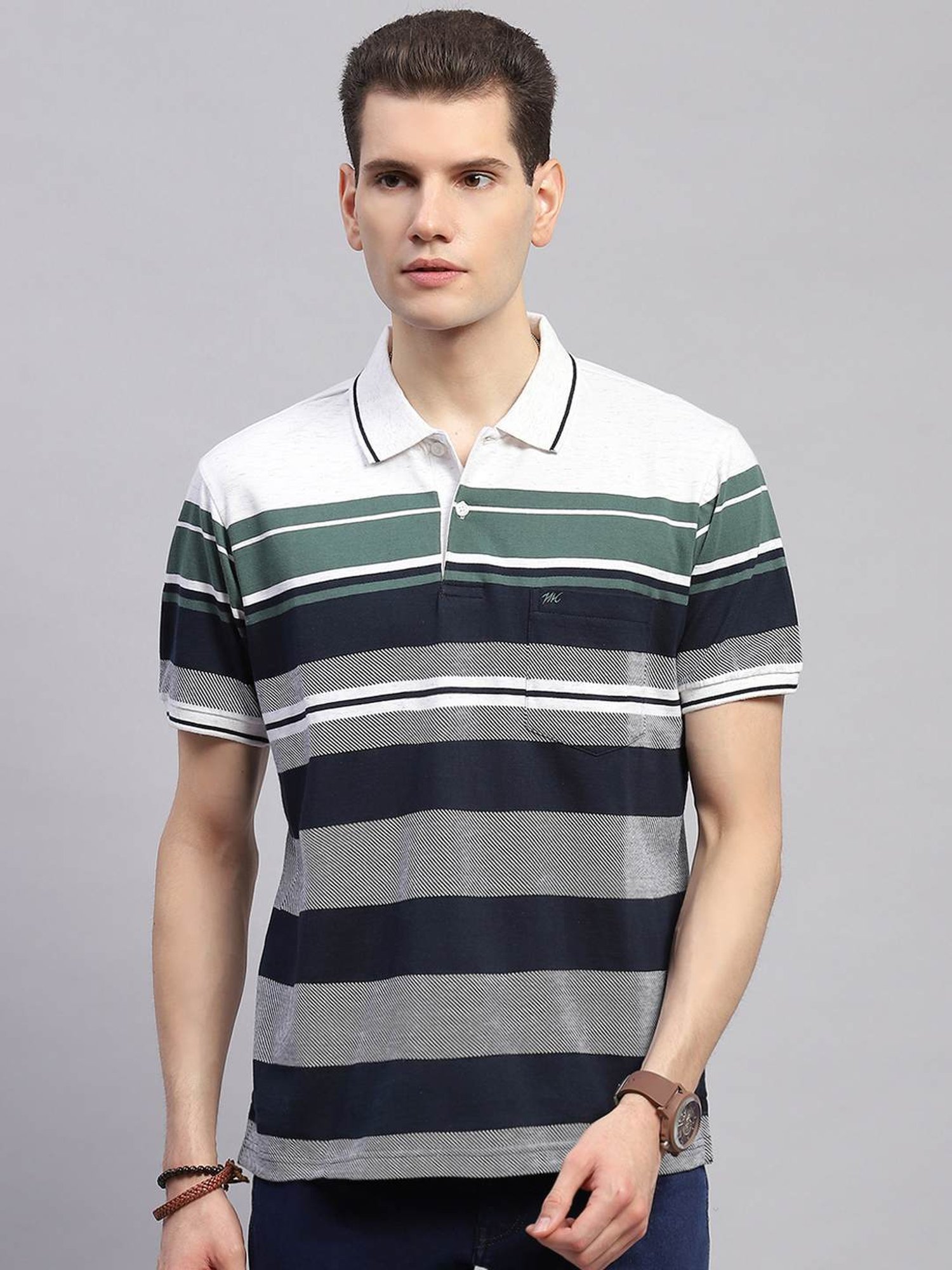 Monte Carlo Navy Blue Regular Fit Striped Polo T-Shirt