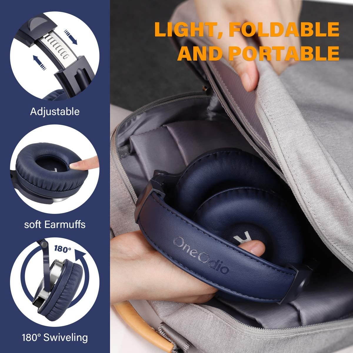 OneOdio Over Ear Headphone Wired Bass Headsets with 50mm Driver Foldable Lightweight Headphones with Share Port and Mic for Recording Monitoring Mixing Podcast Guitar PC TV (Dark Blue)