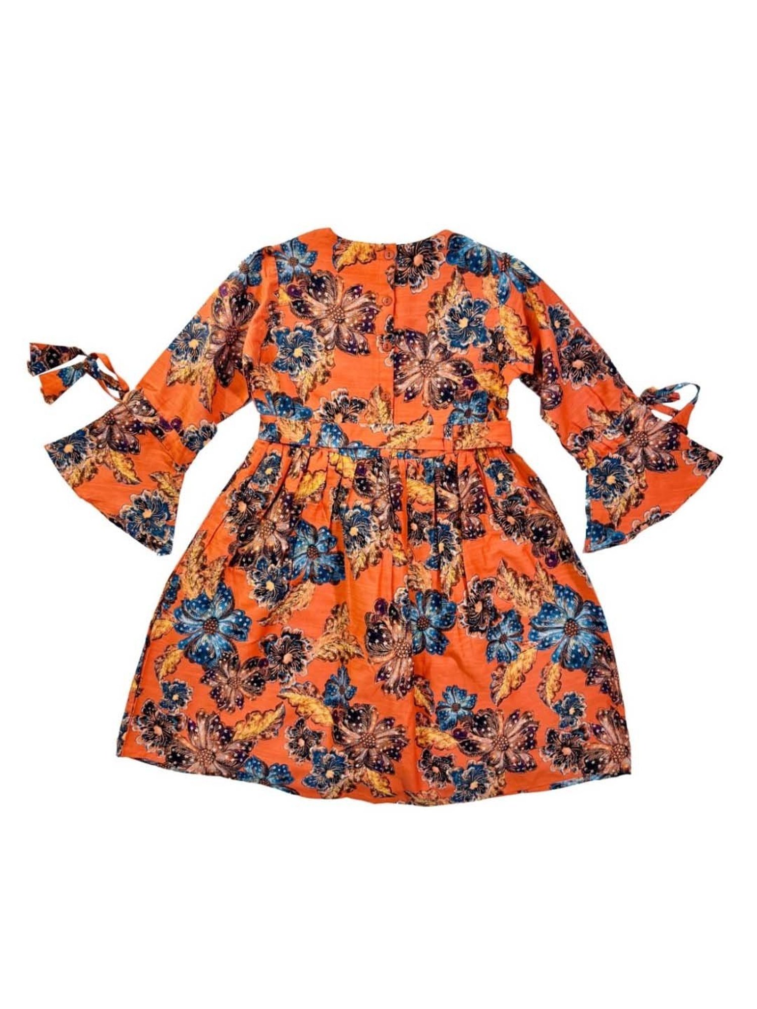 Bella Moda Kids Orange & Blue Cotton Floral Print Full Sleeves Dress