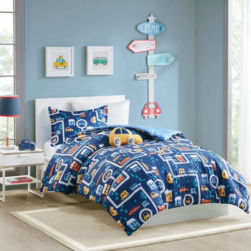 Full/Queen Ryan Traveling Cars Printed Comforter Set Navy