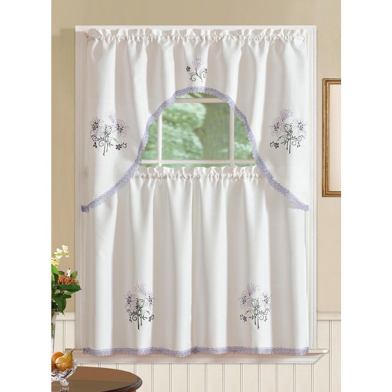 Ramallah Trading Regal Embroidered Lily Kitchen Curtain Set - 60 x 36, Purple
