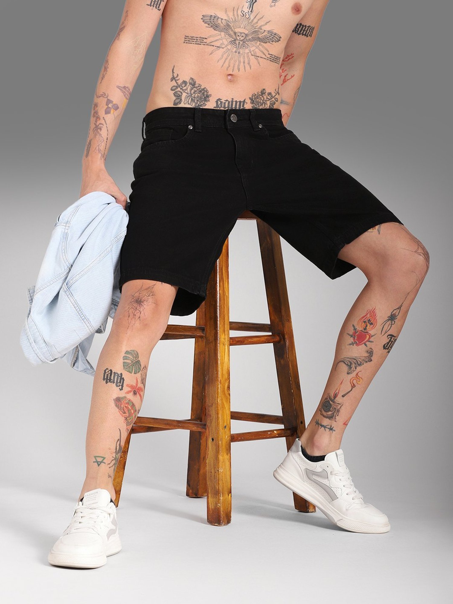 High Star Black Cotton Regular Fit Denim Shorts