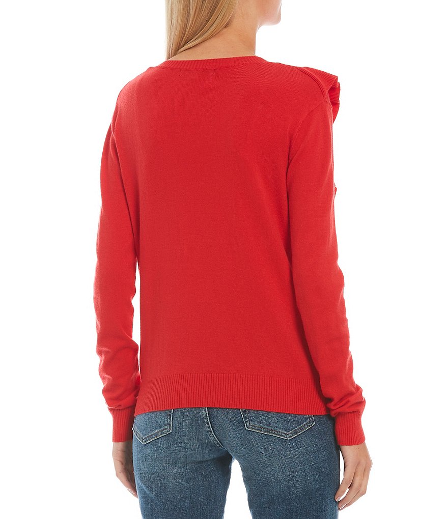 Sugarlips Pointelle Waterfall Ruffle Long Sleeve Crew Neck Sweater