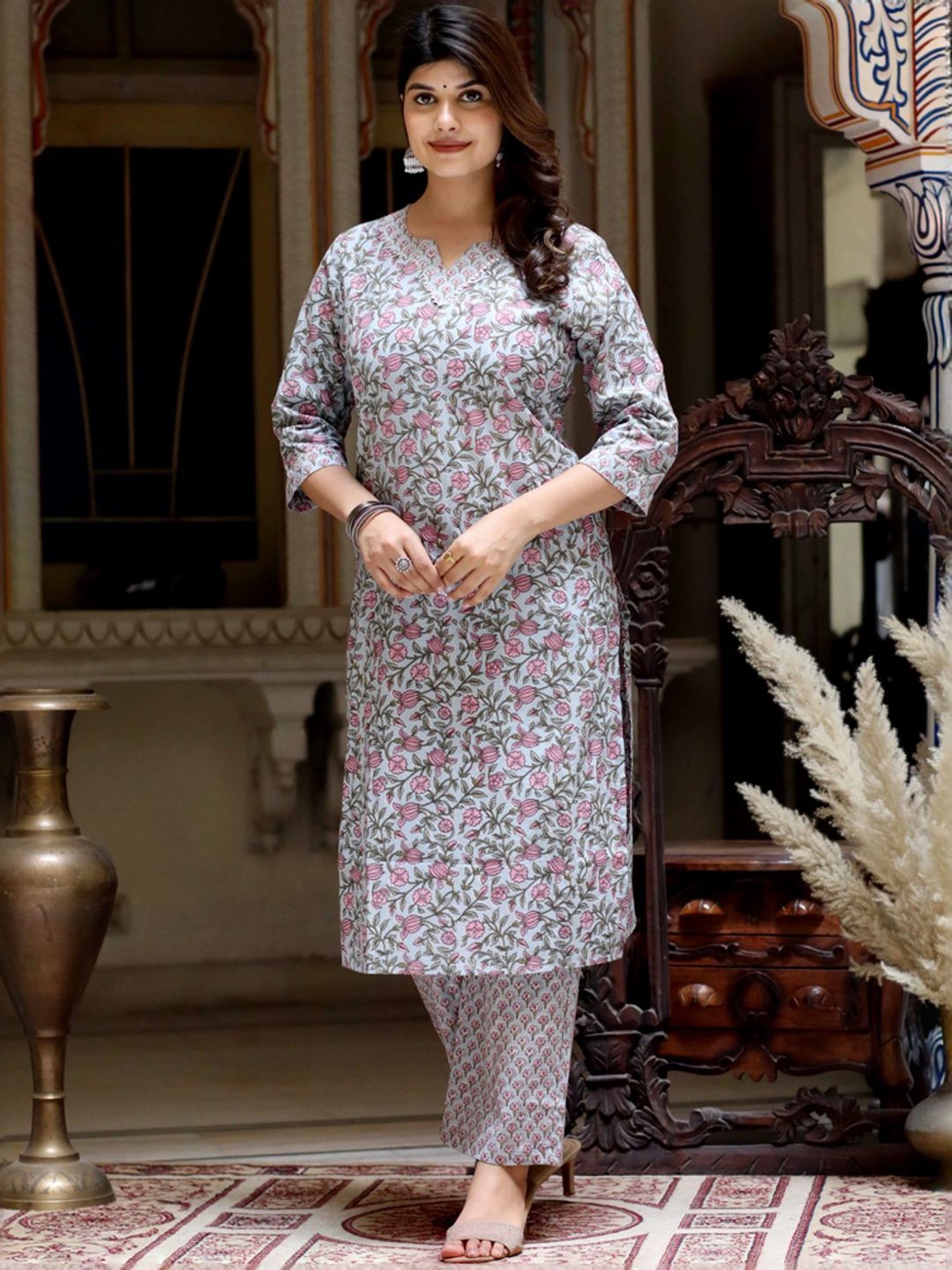 Miravan Blue Cotton Floral Print Kurta Palazzo Set