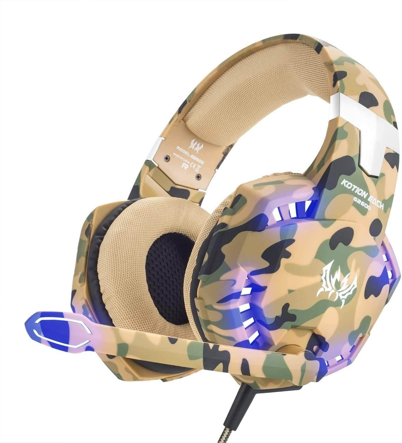KOTION Each G2600 Gaming Headset for PS4,PC,Xbox One,Professional Noise Lsolation, Over Ear Headphones with Mic,LED Light,Bass Surround,Soft Memory Earmuffs,Gaming Headphones-Camo